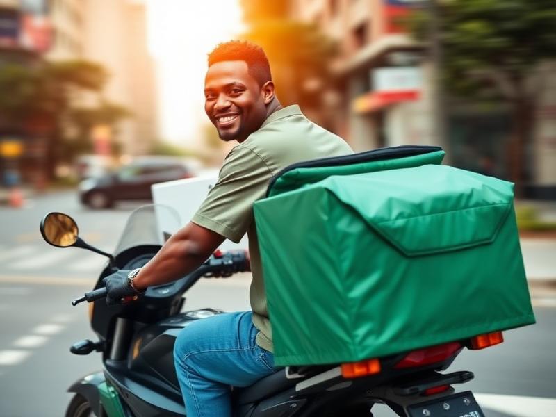 Smiling delivery rider on a motorbike with a green delivery bag