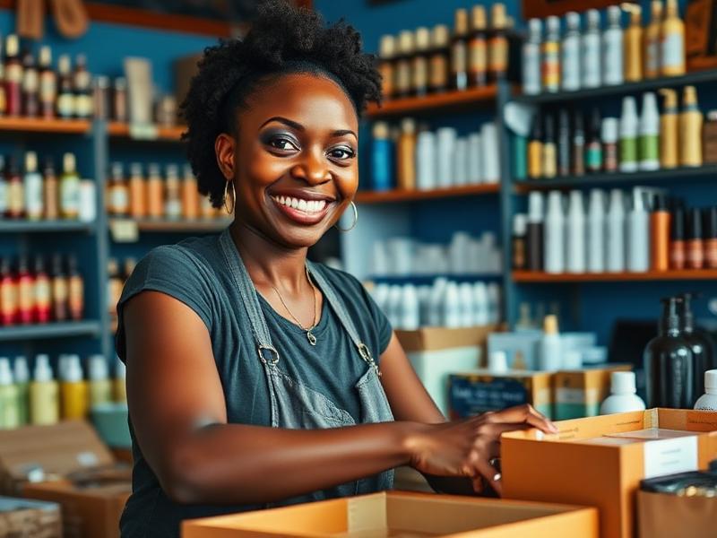 Ghanaian seller packing product boxes in her shop